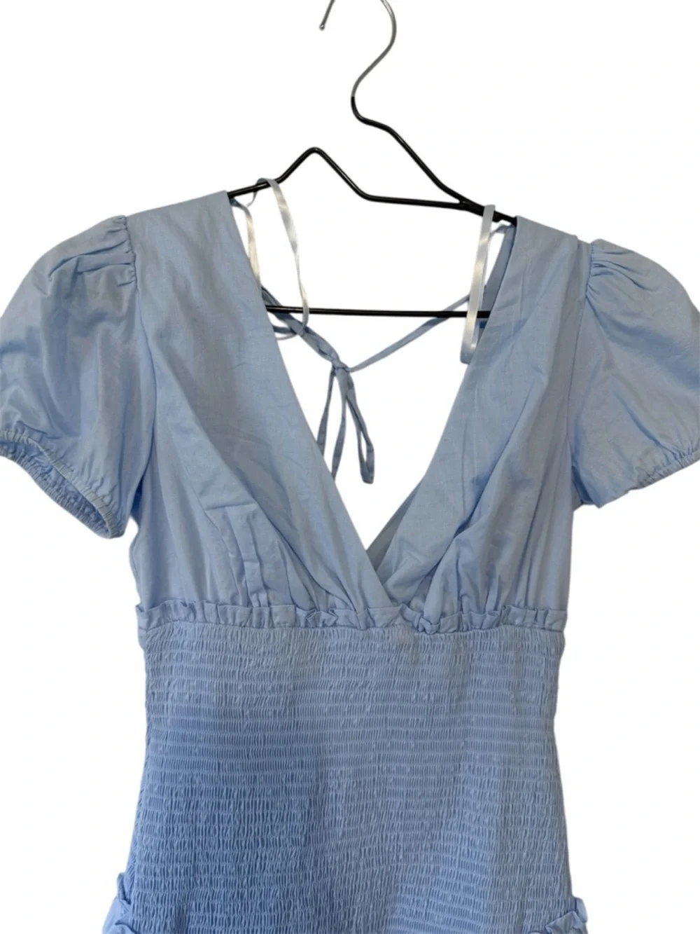 Juniors 3/4 Light Blue Smocked Ruffle Mini Dress